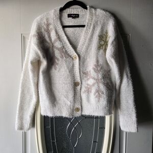33 Degrees‎ Fuzzy Snowflake Cardigan Christmas Sweater – Small – White & Gold